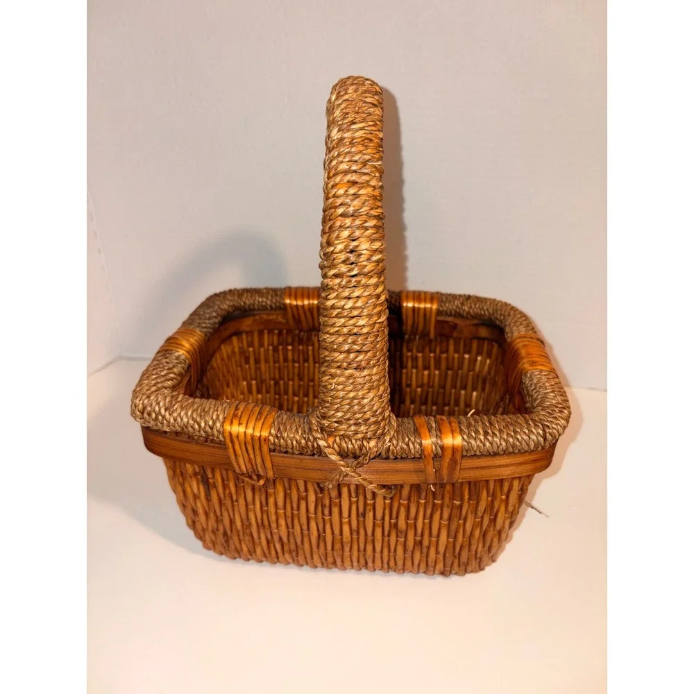 Vintage Woven Wicker Basket with Seagrass Wrapped Handle Rectangular Brown Decor